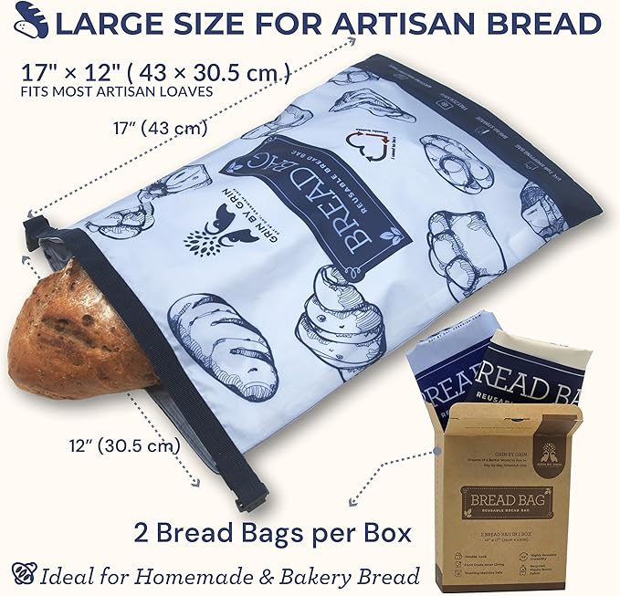 GRIN BY GRIN- Bread Bags 2 Pack Reusable Zipper Bags for Homemade Bread Sourdough Extra Large Freezer Storage