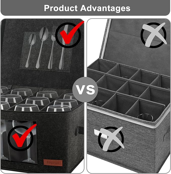 Foyego 2 Pack Wine Glass Storage Box with Dividers, Stemware Storage Containers for Packing and Moving, China Storage Containers Box for 12 Crystal Glassware, Wine Glasses, Drinkware,Dark Gray