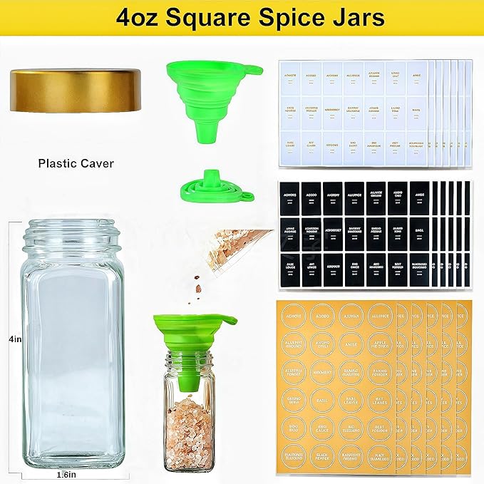Glass Spice Jars with Label, 36 Pcs Spice Jars with Shaker Lids-4 oz Gold Spice Seasoning Jars Bottles Containers Set for Spice Rack (36)