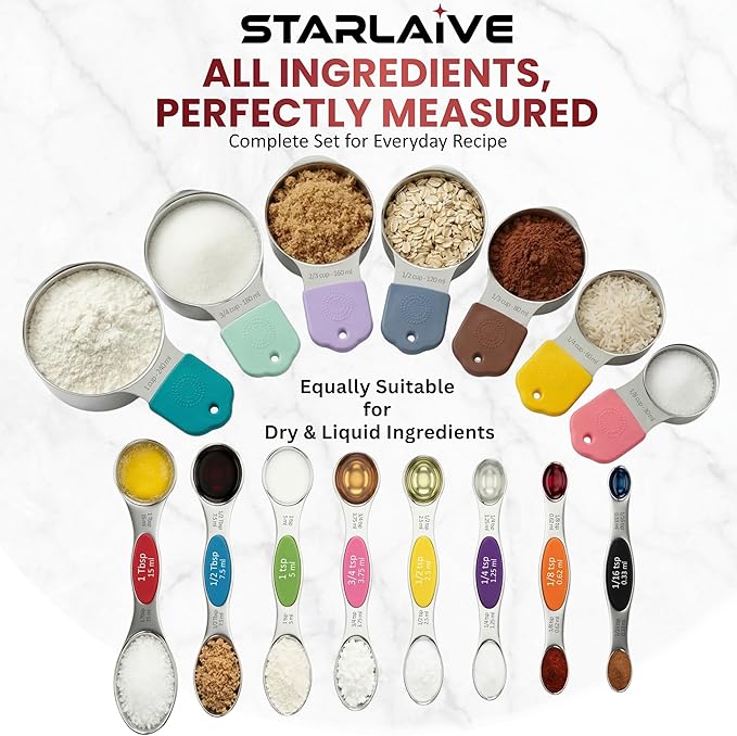Measuring Cups and Spoons Set 16-Piece – Multicolor Kitchen Measuring Set with Easy-Read Markings, Durable Cups & Spoons for Baking and Cooking
