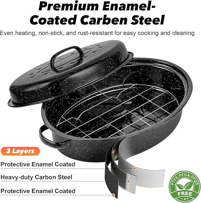 15” Roaster Pan with Lid and Rack, Small Enamel Roaster Pan with Oval Roasting Rack, Granite Baking Pot for Chicken Turkey Lamb, Heat Resistant, Oven/Dishwasher/All Stovestops Compatible