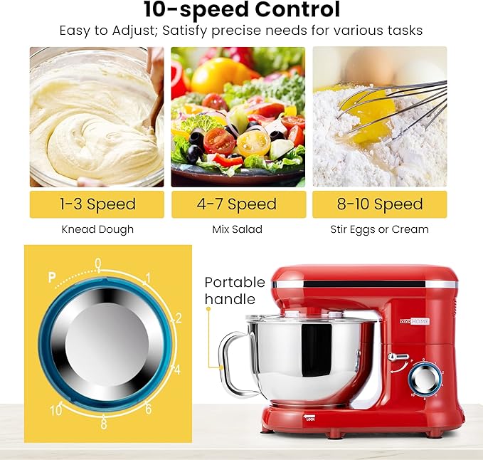 VIVOHOME Stand Mixer with Fermentation, One-Touch Presets, and 6 Qt Bowl, Black, and VIVOHOME 660W 10 Speed 6 Quart Stand Mixer with Beater, Dough Hook, Wire Whip and Egg Separator, Red