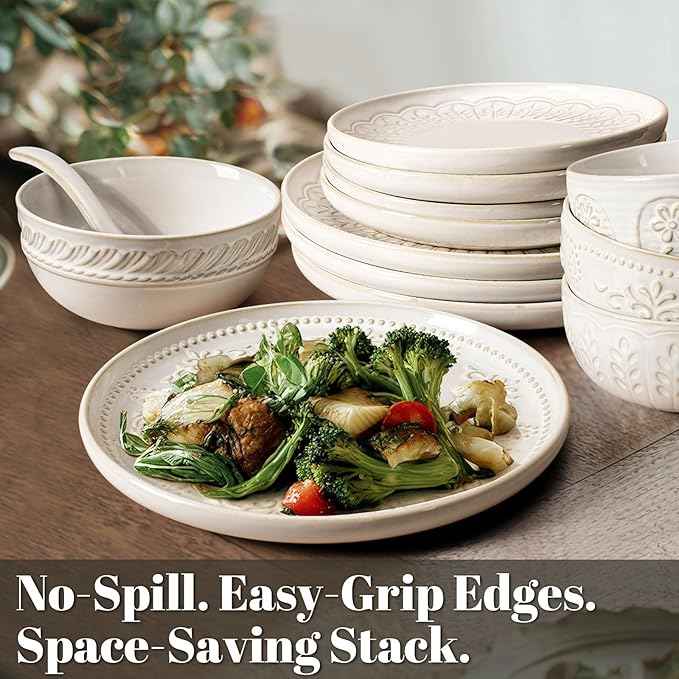 Artena Plates And Bowls Sets, 16 Pieces Dinnerware Sets, Dish Set For 4, Ceramic Kitchen Bowl And Plate Set, Embossed White Dishware Sets, Dishwasher & Microwave Safe (Willow Leaf)