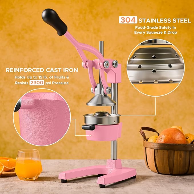 CO-Z Manual Citrus Juicer, Heavy-Duty Manual Juicer with Conical & Flat Pressure Plates, Professional Lemon Squeezer for Orange Pom Lime Lemon Juice, Dishwasher Safe Juice Press, Pink
