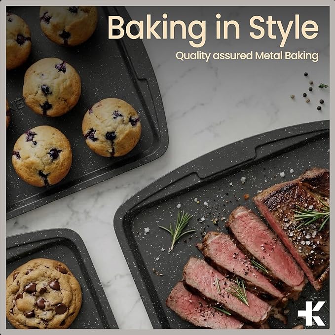 Gray Marble 10-Piece Bakeware Sets, Nonstick Carbon Steel Baking Sheet & Pans, Stackable Space-Saving Bakeware, Dishwasher Safe, Stain-resistant, PFOAPFOSPTFE Free, Oven Safe Up To 450°F (230°C)