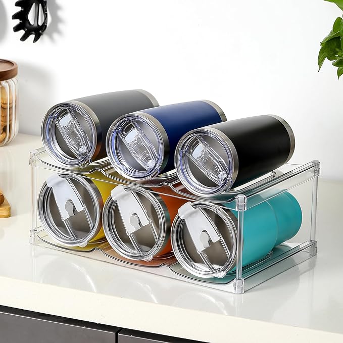 LARGER Compartment - Stackable Water Bottle Organizer Holder - for Stanley & Others' Large Tumbler - Clear Wine Rack, Cup Bottle Holder for Cabinet Home Countertop Fridge Pantry Shelf, 2 Tier Hold 6