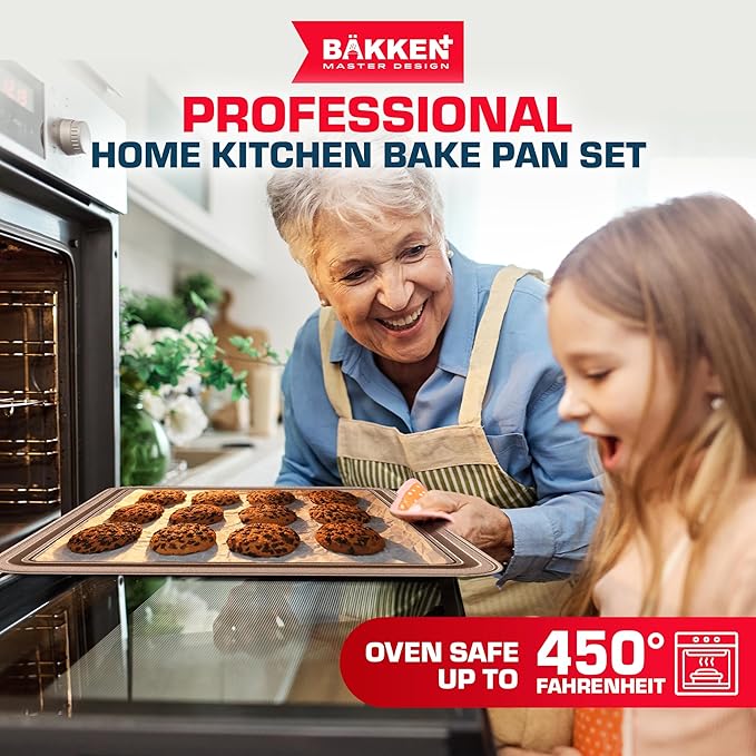 BAKKEN 6-Piece Kitchen Baking Pan Set - Commercial Grade Carbon Steel Bakeware, With Nonstick Coating, Stackable and Space-saving Design, PFOA, PFOS, PTFE Free, Oven Safe Tray (Up To 450°F), Brown