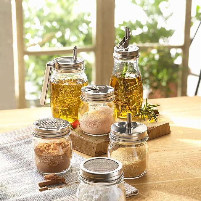 Bormioli Rocco Quattro Stagioni Spice Jar Set - 8.5 Oz, Durable Glass Mason Jars with Multi-Function Rotatable Lids, Stainless Steel Tops for Salt & Pepper - Made in Italy, Glass Spice Jars