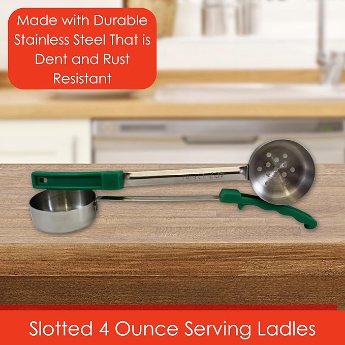 4 Ounce Slotted Stainless Steel Portion Control Ladle Spoon for Measuring and Serving; Commercial Grade Serving Scoops [Pack of 2]