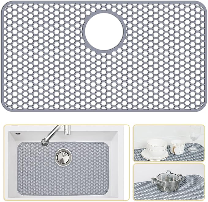 Bestjing Silicone Sink Protectors for Kitchen Sink with Rear Drain - 26"x 14" Kitchen Protector Accessory, Non-Slip Heat Resistant Grid Mat for Bottom of Farmhous Peorcelain Stainless Steel(Rear Hole)