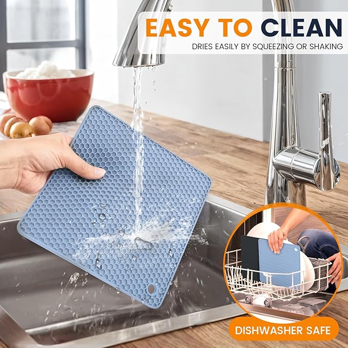 Silicone Trivet Mats 4 Heat Resistant Pot Holders Multipurpose Non-Slip Hot Pads for Kitchen Potholders, Drying mat, Jar Opener, Spoon Holder, Coaster.(Black Nordic Blue)