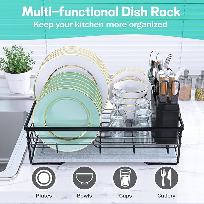 VABNEER Dish Drying Rack with Stone Drying Mat, Quick-Drying/Stainless/Super Sturdy/Space-Saving, Dish Strainers for Kitchen Counter, Escurridor de Trastes para Cocina (Black)