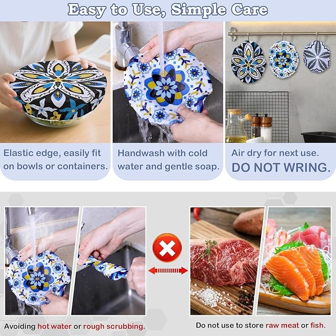 5-Size Reusable Beeswax Bowl Covers for Bread Proofing, Cotton Cloth Flexible Beeswax Wraps for Food Storage(Moroccan Style)