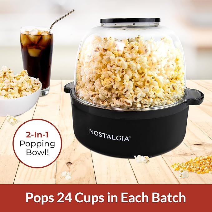 Nostalgia 6-Quart Stirring Popcorn Popper - Quick-Heat Technology - Makes 24 Cups of Popcorn - Includes Kernel Measuring Cup - Perfect for Birthday Parties, Movie Nights, and More - Black Original