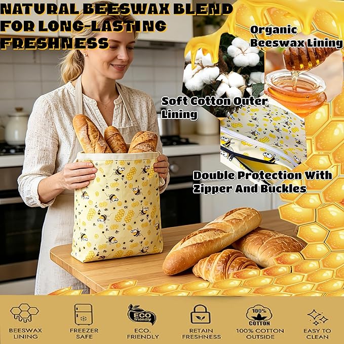 2 Packs Reusable Beeswax Bread Bags for Freezer & Refrigerator, XL 17x13 Inch with Zippers,Natural Beeswax-Lined Cotton Storage Bags Airtight -The Perfect Freshness Keeper for Homemade Sourdough