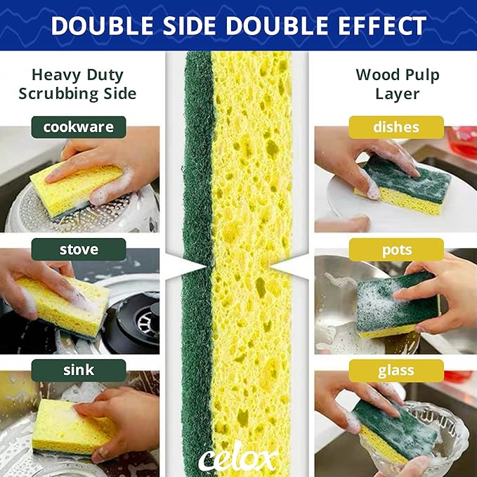 CELOX 24 Pack Dish Sponge for Kitchen, 2 Pack Dish Brush with Soap Dispenser for Kitchen Cleaning