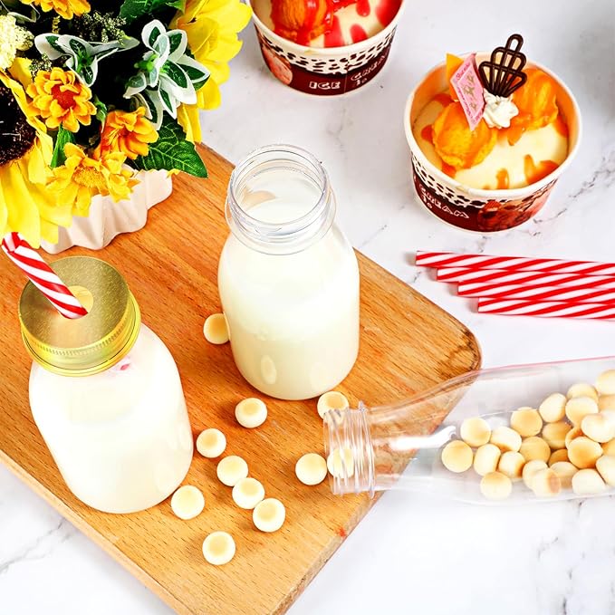 Irenare 40 Sets Plastic Small Milk Bottles with Straws and Metal Lids Clear Plastic Bottle for Dairy Milk Party Bottle for Milk Juices Shakes Smoothies, 40 Bottles and 40 Straws (Gold,8 oz)