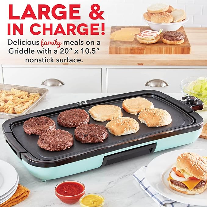 Dash Deluxe Everyday Griddle - Electric Griddle with Removable Plate - Nonstick, Easy-Clean Surface & Anti-Slip Base - Recipe Book Included - Aqua
