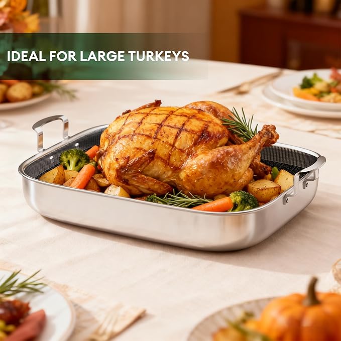 COOKER KING Stainless Steel Nonstick Roasting Pan with Rack, 18.27x14.84 Inch Roaster Pan for 25 lb Turkey & Chicken, Oven Safe Up to 900°F, Compatible with All Cooktops (Rectangular, Large)