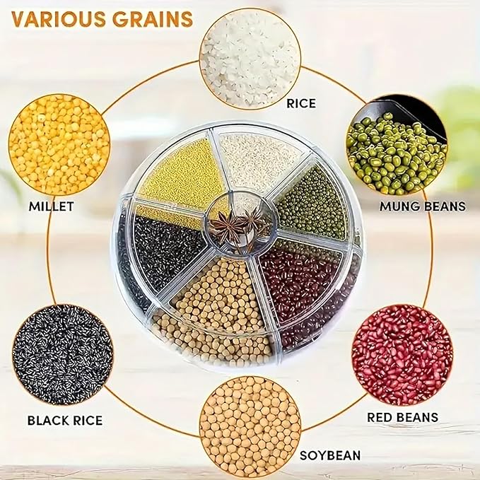 360° Rotating Grain Dispenser, 6-Grid Large Rice Storage Container (13 Lbs), One-Click Output Sealed Food Storage for Rice, Beans, Cereal - Countertop Kitchen Organization