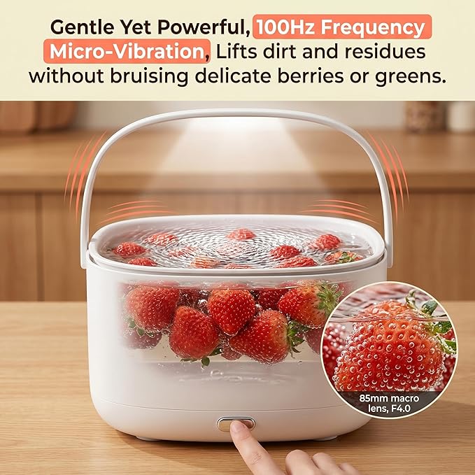 Ultrasonic Produce and Berry Washer, Gentle Fruit Vegetable Cleaner for Fragile Berries and Salads, 2-Tier Drain Basket, Battery Operated Countertop Device