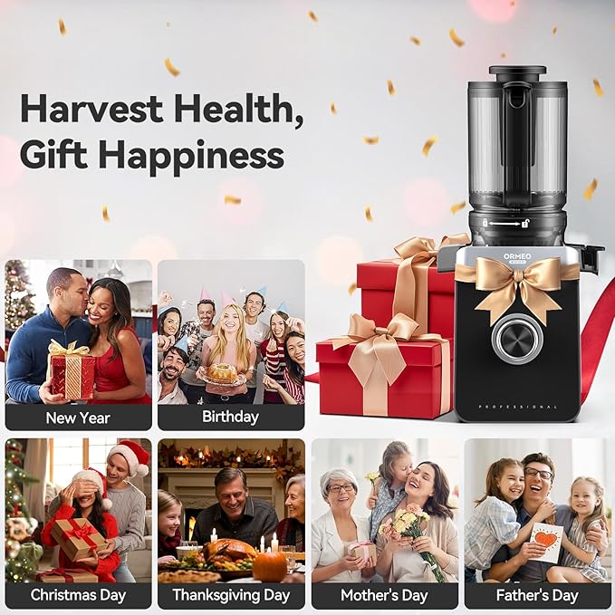 Cold Press Juicer, ORMEO HOME Masticating Juicer Machines with 5.0"Large Feed Chute Fit Whole Vegetables & Fruits, with Pulp Seperation, 99.6% Juice Purity, Quiet Motor, Easy to Clean,BPA Free