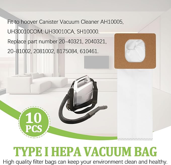 10 Pack Type I HEPA Vacuum Bags Replacement Compatible with Hoover Type I HEPA bag AH10005 UH30010COM UH30010CA, SH10000