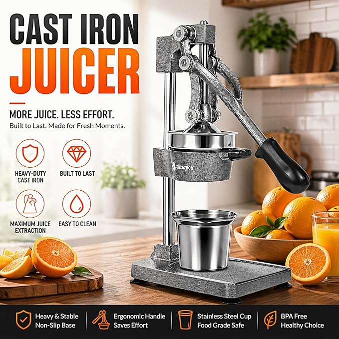 Cast Iron Juicer, Manual Citrus Press, Heavy Duty Hand Press Fruit Squeezer with Stable Base & Maximum Juice Yield for Orange Lemon Lime Pomegranate, Silver