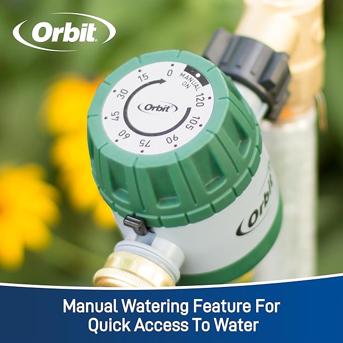 Orbit Mechanical Water Timer - Adjustable Irrigation Shutoff for Lawn & Garden Watering - Battery-Free Clockwork Hose Faucet Timer with Easy Grip Dial & Manual Bypass - 62034
