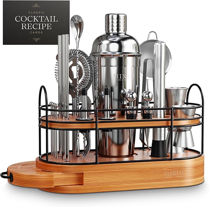 Mixology Bartender Kit - 22Pcs Bar Set Cocktail Shaker Set w Brown Bar Cart Accessories Stand - Shakers Bartending Silver Tools, 24oz Shaker, 17 Recipe Cards, Martini Barware