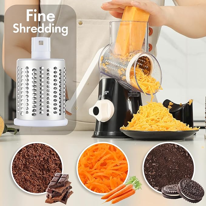 Cheese Grater Hand Crank, Rotary Vegetable Shredder with Handle and Strong Suction base, 3 in 1 Kitchen Speed Spin Veggie Slicer Nut Grinder for Pizza Top, Hash brown, Salad and More (Black)