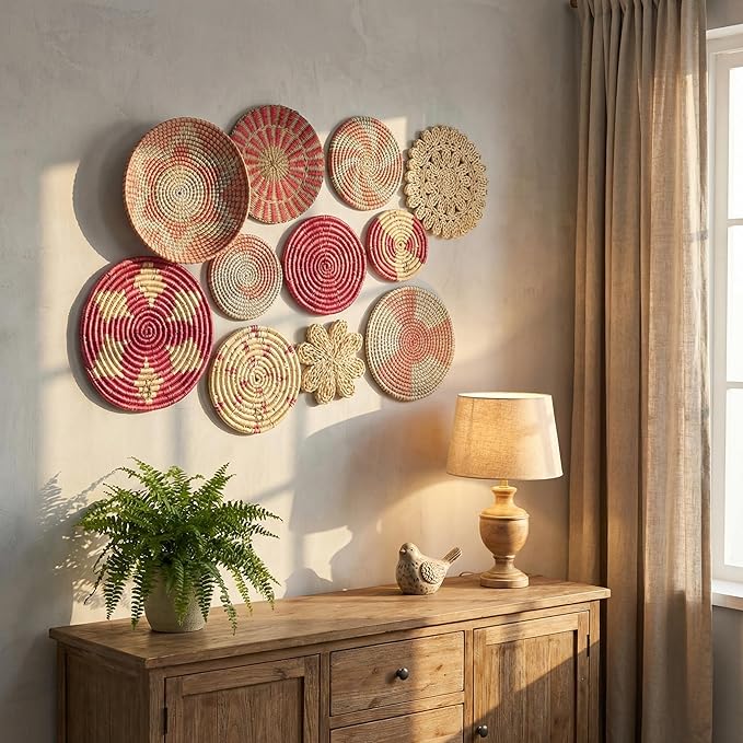 Tatuo 11 Pcs Boho Wall Basket Decor Bulrush Woven Wall Hanging Art Round Farmhouse Rustic Handmade Wicker for Summer Home, Bedroom, Living Room, Kitchen Decorations, Multi Sizes(Pink)
