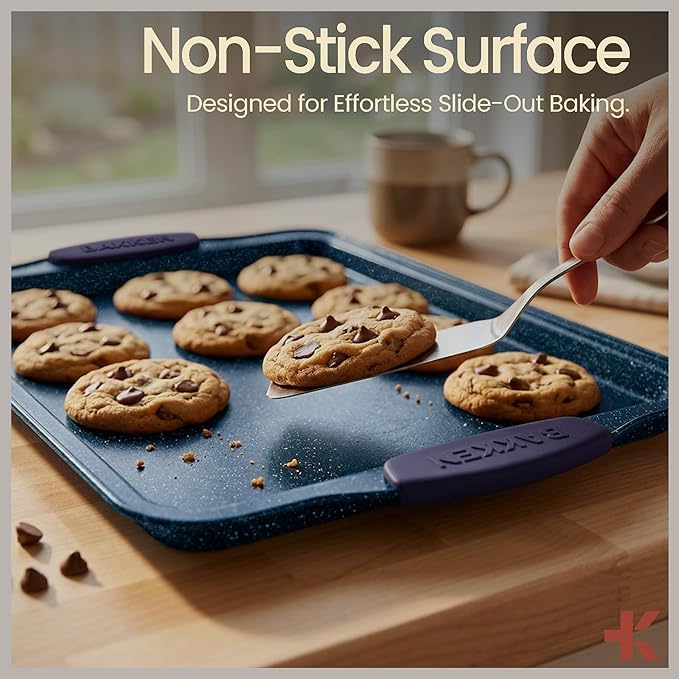 BAKKEN Kitchen Baking Pan Set - Nonstick Coating, Carbon Steel Bakeware Sets with Blue Silicone Handles, Baking Kitchen Essentials, PFOA, PFOS, PTFE Free, Oven Safe Tray (Up To 450° F), Set of 6