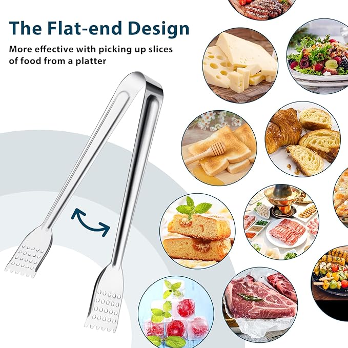 8 Pack Serving Tongs, 9 Inch, Silver, Stainless Steel, Ideal for Parties & Daily Use