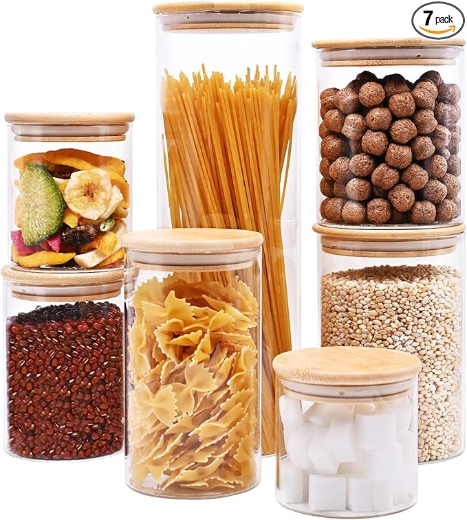 SHOWIN Glass Food Storage Jars, Glass Jars with Bamboo Lids, Kitchen Storage Jars, Canisters with Airtight Lids for Spice, Coffee, Cookie, Set of 7, Pantry Organizers