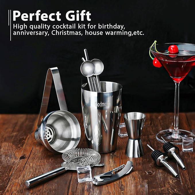 Cocktail Shaker Set Bartender Kit, Godmorn 15Pcs Bartender Shaker Set, 304 Stainless Steel Martini Shaker and Strainer, Bar Tool Set with Bamboo Stand, Recipe Book, for Home and Bar Party