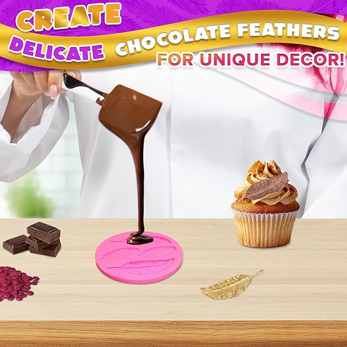 Feather Mold Silicone – Feather Chocolate Mold – 0.3" Thick Pink 3D Design, Different Sizes of Feathers, Easy to Use, Flexible & Reusable, Works with Various Materials | for Pastry Cake Decorations