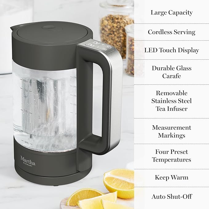Martha Stewart  Electric  Kettle with Removable Stainless Steel Tea Infuser, Glass Carafe 1.7L (7 Cups), Hot Water Boiler, 4 Presets, Keep Warm & Auto Shut-Off, Cordless 360° Swivel Base, Caviar Gray