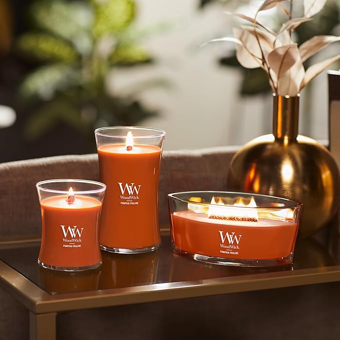 WoodWick Pumpkin Praline Holiday Candle Gifts for Women and Men, 21.5 oz Large Hourglass Candle with Crackling Wick