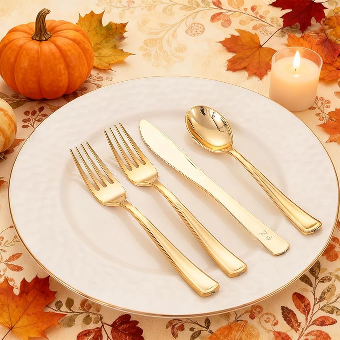 WDF 500PCS Gold Plastic Silverware Set Disposable - Gold Cutlery Set Plastic - 250Forks, 125 Spoons, 125 Knives for Thanksgiving Party, Birthday, Wedding
