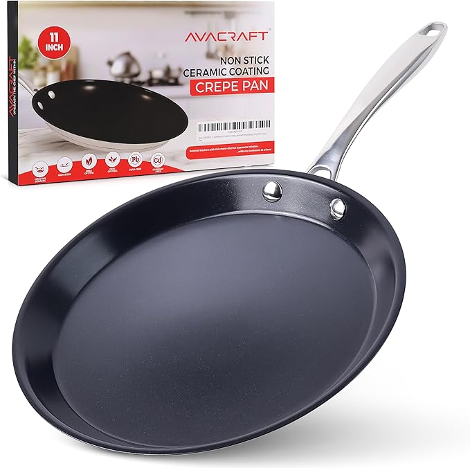 AVACRAFT 11 inch Nonstick Ceramic Coating Stainless Steel Crepe Pan, Tawa, Dosa Tortilla Pan, Compatible with All Stovetops, PFOA, PTFE Toxinx Free