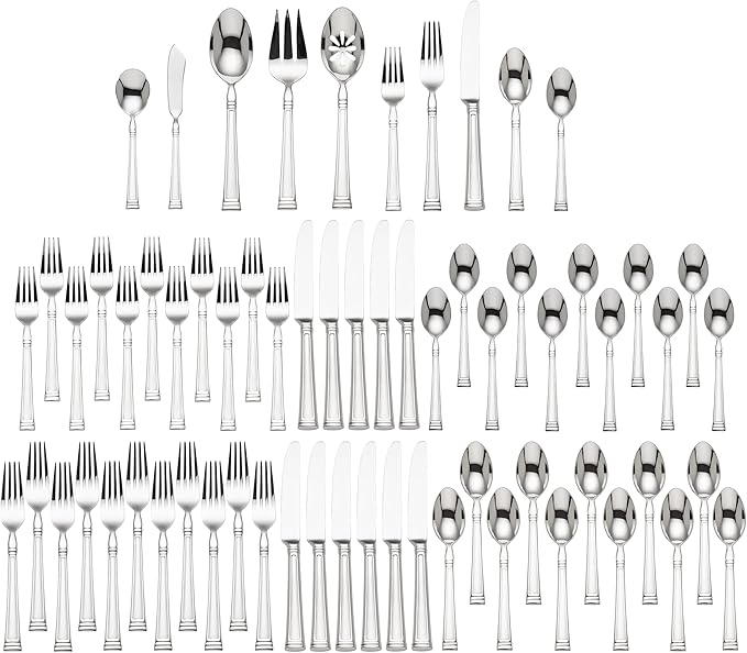Lenox Silverware Set, Esquire 65-Piece Flatware Set, Service For 12, 18/10 Stainless Steel, Dishwasher Safe, Knives Spoons And Forks Sets, Home And Kitchen Serving Utensils (Silver, 65 Piece)