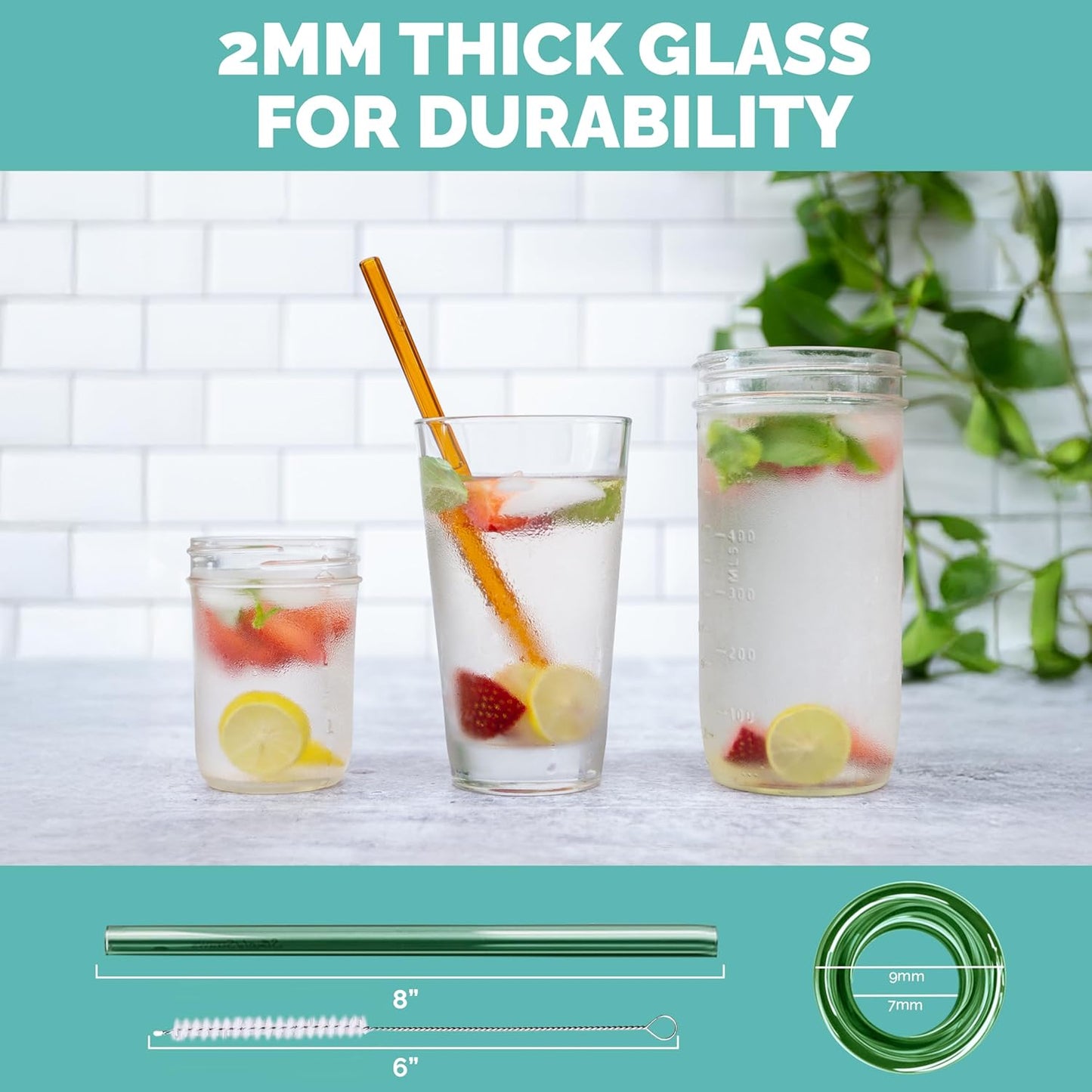 Simply Straws 8 Inch Glass Straws Straight (6-Pack) – Reusable Glass Straws for Pints & Juice Drinkware, with Cleaning Brush – Dishwasher Safe, Hot & Cold Use, BPA-Free (Meadow)