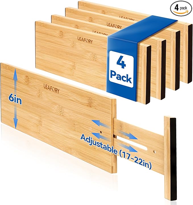 4 Pack Deep Drawer Dividers, 6" High Bamboo Expandable Drawer Organizers, 17-22" Adjustable Tension Separators, Large Drawer Dividers for Kitchen, Bedroom Dresser, Baby Nursery & Bathroom
