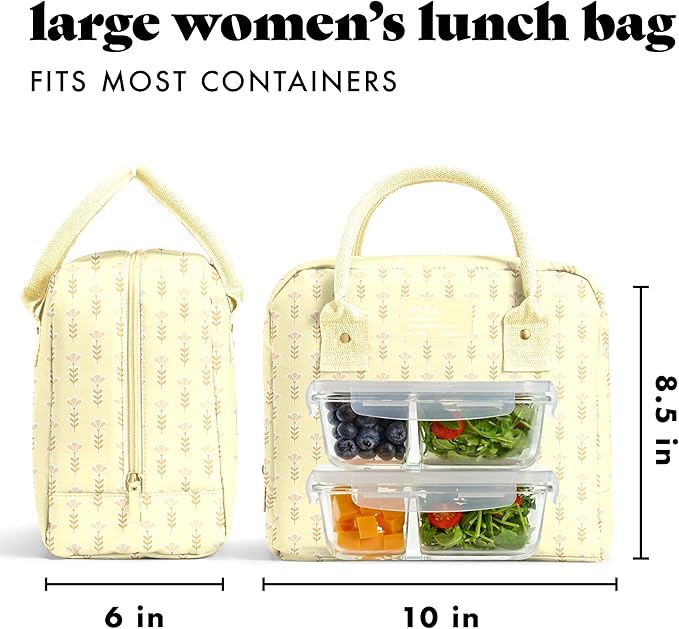 Fit & Fresh Bloomington Lunch Bag for Women - Insulated Large Lunch Box for Work with Containers, Leak-Resistant, Stain-Resistant, Zipper Closure, Butter Yellow Tiny Flowers
