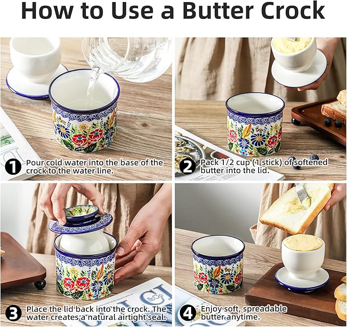 French Butter Crock with Lid for Countertop,Handpainted Floral Butter Keeper with Water Seal Line, Farmhouse Ceramic Butter Container Airtight for Soft Spreadable Butter,Housewarming Gifts