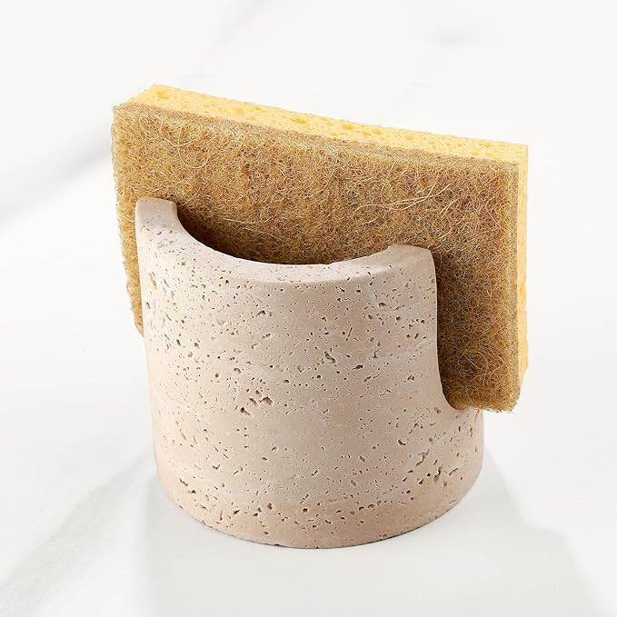 Marble Sponge Holder for Kitchen Sink - Heavy-Duty Real Travertine Stone Sink Caddy Organizer for Countertop, Rust Proof&Water Soap Dish Tray, Luxury Modern Farmhouse Kitchen Decor Accessories