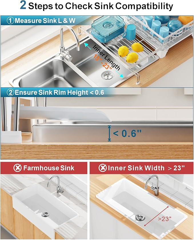 GSlife Large 2 Tier Dish Drying Rack, Expandable Heavy-Duty Dish Rack for Kitchen Counter, Rust-Resistant Dish Drainer with Utensil & Cup Holder, Auto-Drain, 16.9" W x 14.4"-22.4" L, White