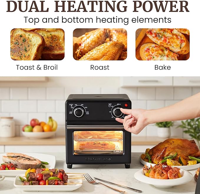 Elite Gourmet Compact 8.5Qt Air Fryer Oven – Mini Countertop Air Fryer with Adjustable Time & Temperature Controls, 800W, Includes Air Fry Basket, Bake Pan & Recipes, Black
