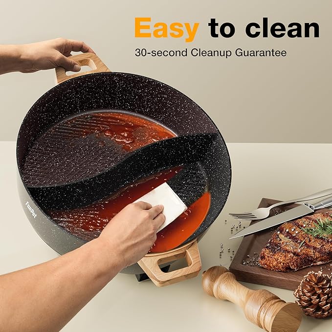 Electric Twin Compartment Hot Pot with Divider, Diamond grid embossed base, 1350W Temperature control, Large 6-Litre Capacity, Compact Woodgrain handles with Hollow Design